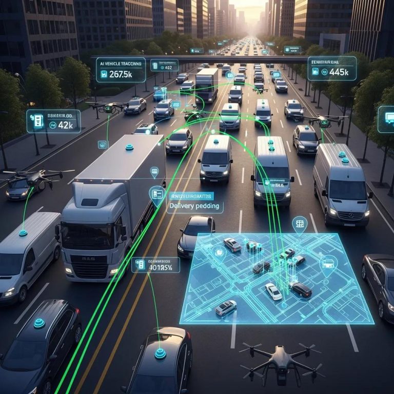 Modern fleet of vehicles with AI tracking technology on an urban road