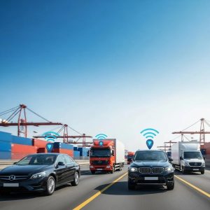 Modern fleet of vehicles with GPS tracking devices in a logistics hub