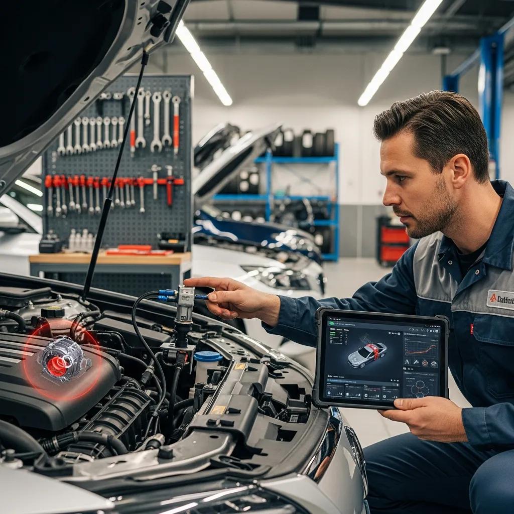 Technician using diagnostic tools and telematics technology to inspect a vehicle engine in an automotive workshop.