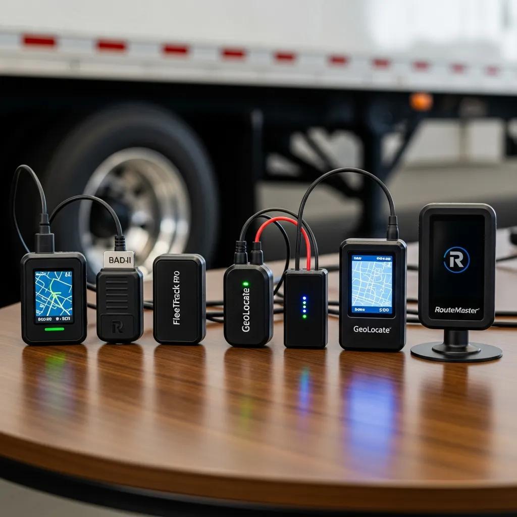 Various GPS tracking devices for commercial fleets displayed on a table, including models like FleetTrack Pro and GeoLocate, showcasing features for enhanced driver safety and compliance.