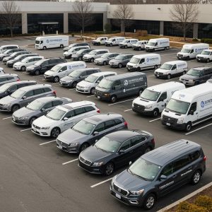 Fleet of vehicles parked in a lot, including various vans and cars, representing efficient fleet management and AI-driven maintenance scheduling.