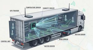 Illustration of a trailer equipped with GPS tracker, temperature sensor, humidity sensor, motion sensors, and door sensor, showcasing real-time tracking and monitoring technologies for fleet management.