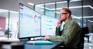 Man analyzing data on large dual monitors in a modern office.
