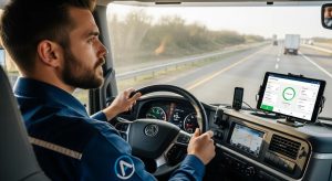 Commercial vehicle driver focused on the road, highlighting safety and compliance in fleet management