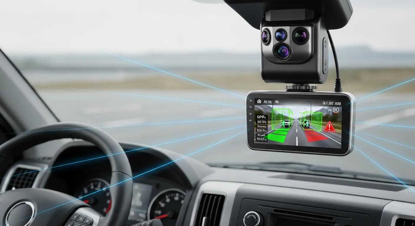 AI fleet dash camera in a vehicle, highlighting advanced safety technology