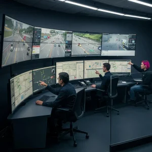 Control room with multiple monitors displaying traffic surveillance and analytics, operators analyzing data for fleet safety and risk management training.