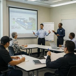 Two instructors presenting a safety training session to an engaged audience in a classroom.