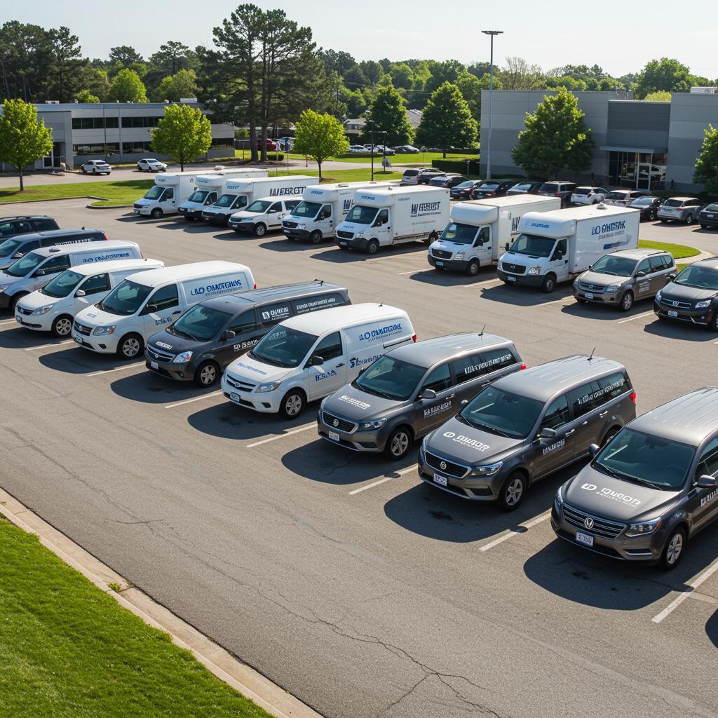 ### Key Elements

- **Main Subjects**: Fleet of commercial vehicles
- **Objects**: Delivery vans and service trucks
- **Notable Features**: Variety of vehicle sizes and branding
- **Text/Symbols**: Company logos on vehicles
- **Setting**: Parking lot with greenery and buildings in the background

### Overall Mood/Theme
The image conveys a sense of organization and professionalism, showcasing a well-maintained fleet ready for service. The bright, sunny day adds a positive and energetic atmosphere, emphasizing the operational readiness of the vehicles.