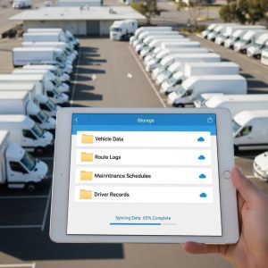 Hand holding tablet displaying cloud storage interface with vehicle data, route logs, maintenance schedules, and driver records, overlooking a fleet of commercial vehicles in a parking lot, emphasizing AI dashcam technology and fleet management solutions.
