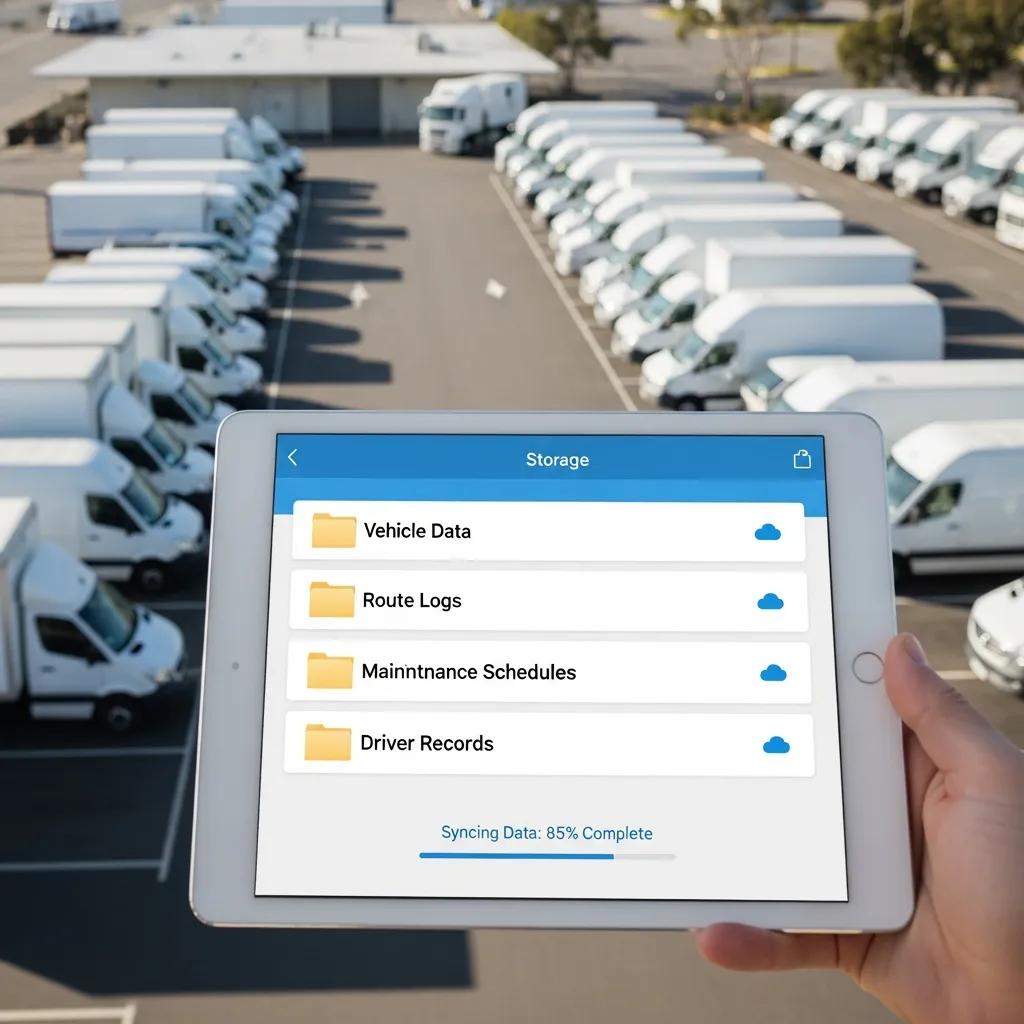 Cloud storage interface with fleet of vehicles in background
