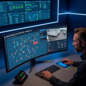 Control room with fleet manager monitoring GPS trailer tracking for theft prevention and security