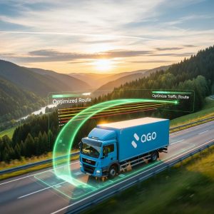 Delivery truck on an optimized route with digital overlays showing traffic patterns and efficiency