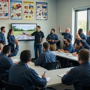 Diverse group of commercial drivers participating in a safety training session in a modern facility