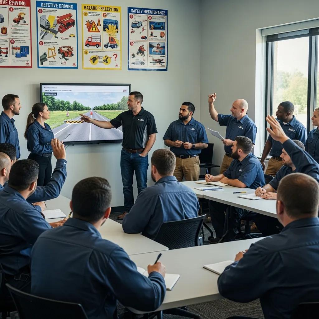 Diverse group of commercial drivers participating in a safety training session in a modern facility