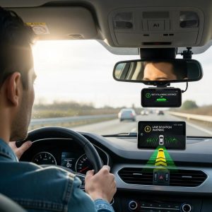 Driver receiving real-time feedback from an AI dashcam, showcasing advanced monitoring features for enhanced fleet safety and accident prevention.