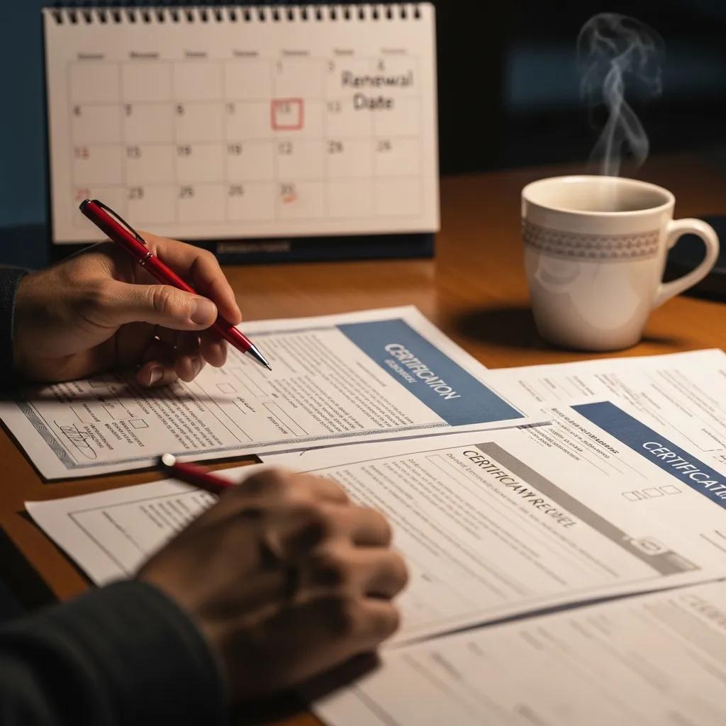 Driver reviewing certification renewal documents on a desk with a calendar in the background