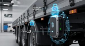 Advanced trailer GPS tracking device with security features, including encryption and long battery life, mounted on a trailer, illustrating enhanced asset protection and monitoring.