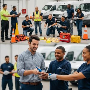 Fleet drivers engaged in interactive safety training session, demonstrating teamwork and practical skills, with safety equipment and vehicles in the background.