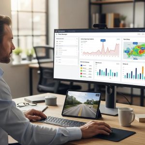Fleet manager analyzing driver performance data on a computer screen, showcasing real-time insights and analytics for improving fleet safety and monitoring driver behavior.