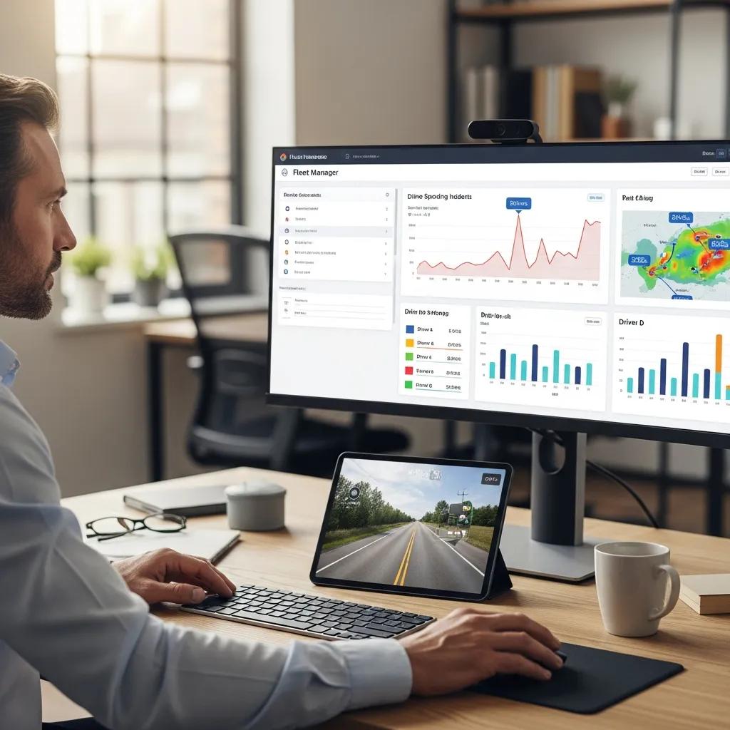 Fleet manager analyzing driver performance data for safety improvements