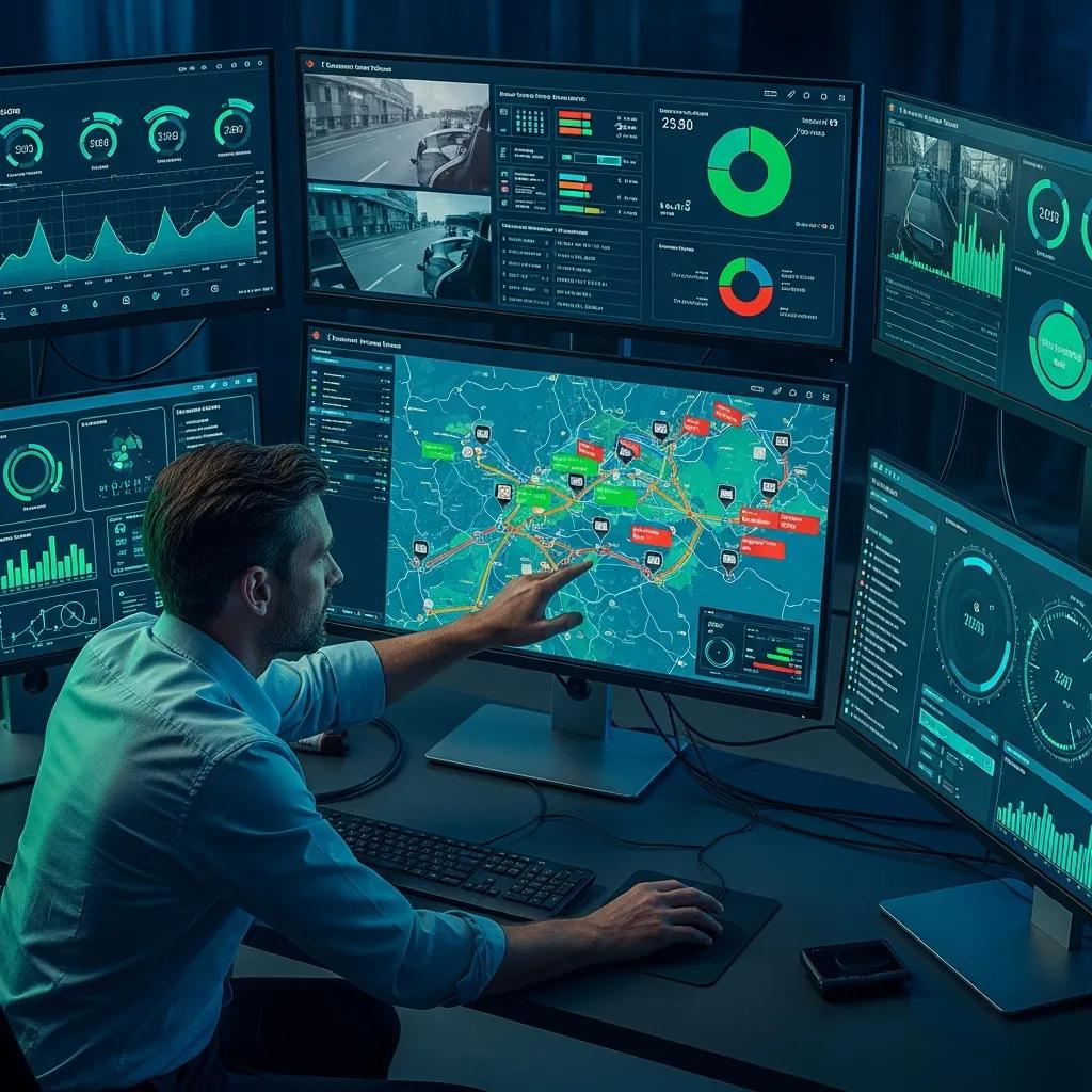 Fleet manager analyzing real-time location data in a control room