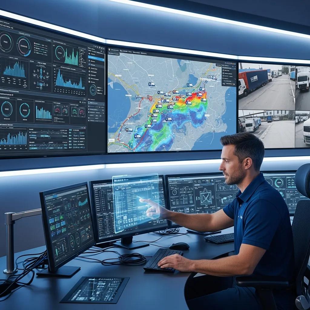 Fleet manager in a control room monitoring real-time data and vehicle locations for operational control
