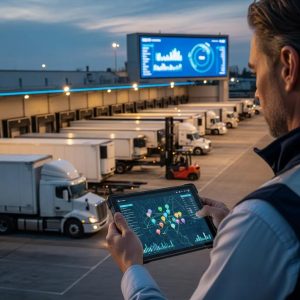 Fleet manager monitoring real-time trailer tracking data on a tablet
