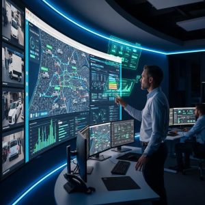 Fleet manager analyzing real-time vehicle tracking data on multiple screens in a high-tech control room, showcasing AI-driven analytics and smart fleet management technologies.