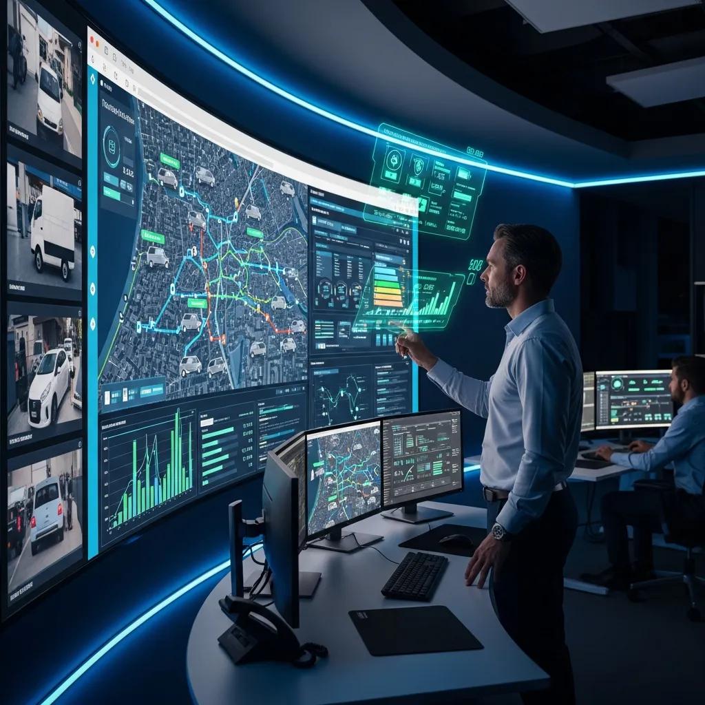 Fleet manager monitoring real-time vehicle tracking data in a high-tech control room