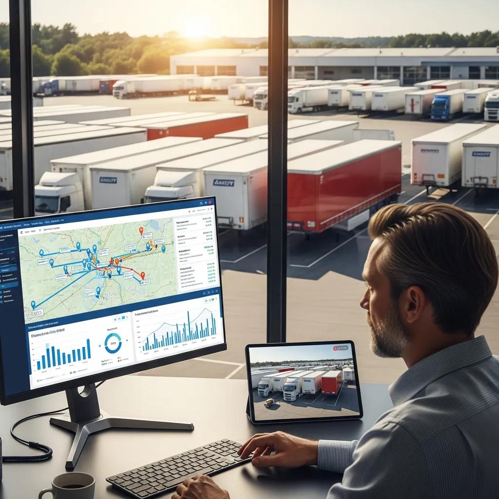 Fleet manager reviewing GPS tracking data, showcasing benefits of operational efficiency and asset management