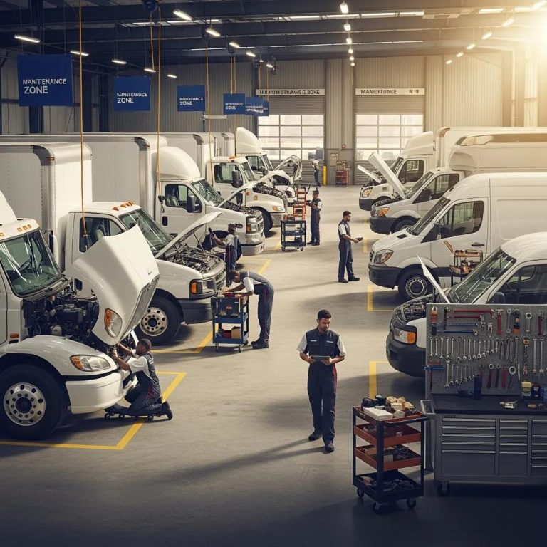 Fleet of vehicles in a maintenance yard showcasing professional fleet management practices