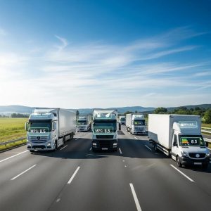 Fleet of vehicles on a highway representing fuel management and efficiency strategies