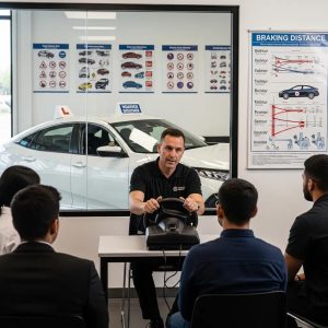 Instructor training drivers on safety programs in a classroom