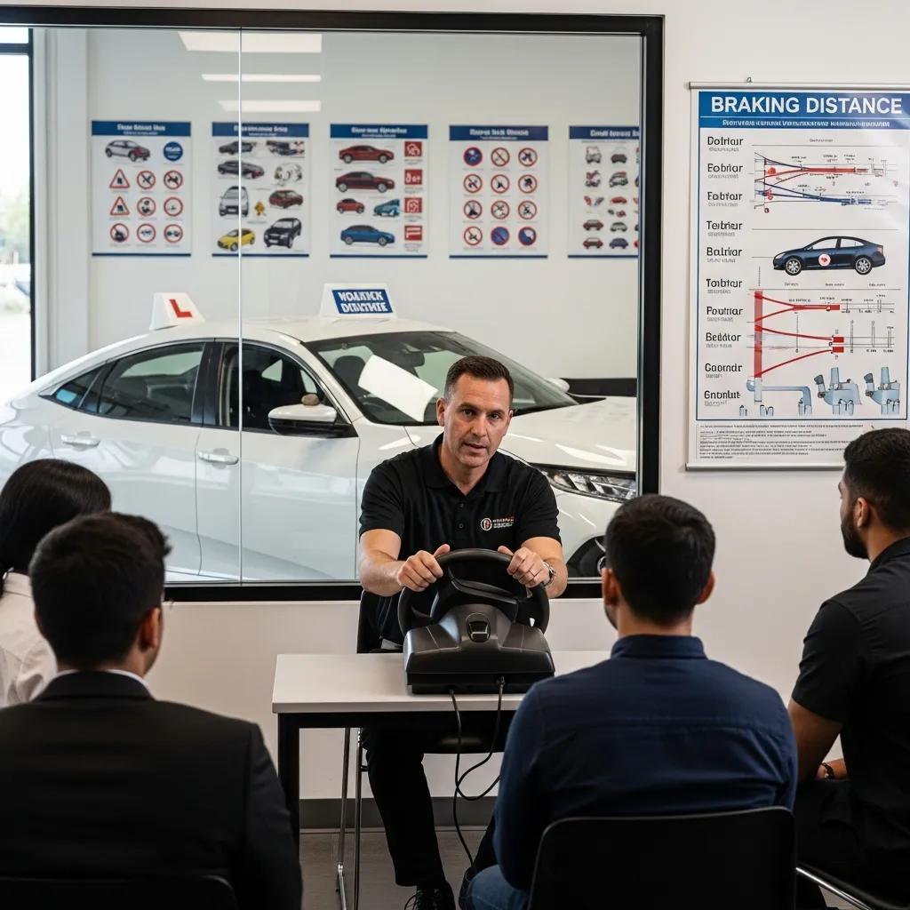 Instructor training drivers on safety programs in a classroom