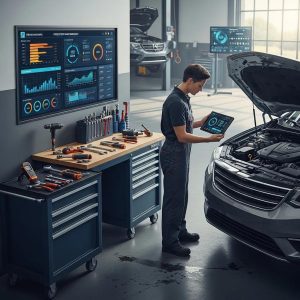 Mechanic inspecting a vehicle with digital predictive maintenance alerts displayed on a screen in a workshop, emphasizing AI-driven fleet management solutions.
