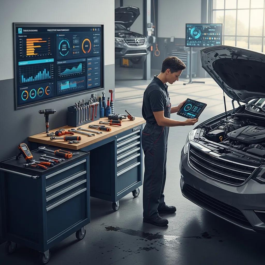 Mechanic inspecting a vehicle with digital predictive maintenance alerts in a workshop
