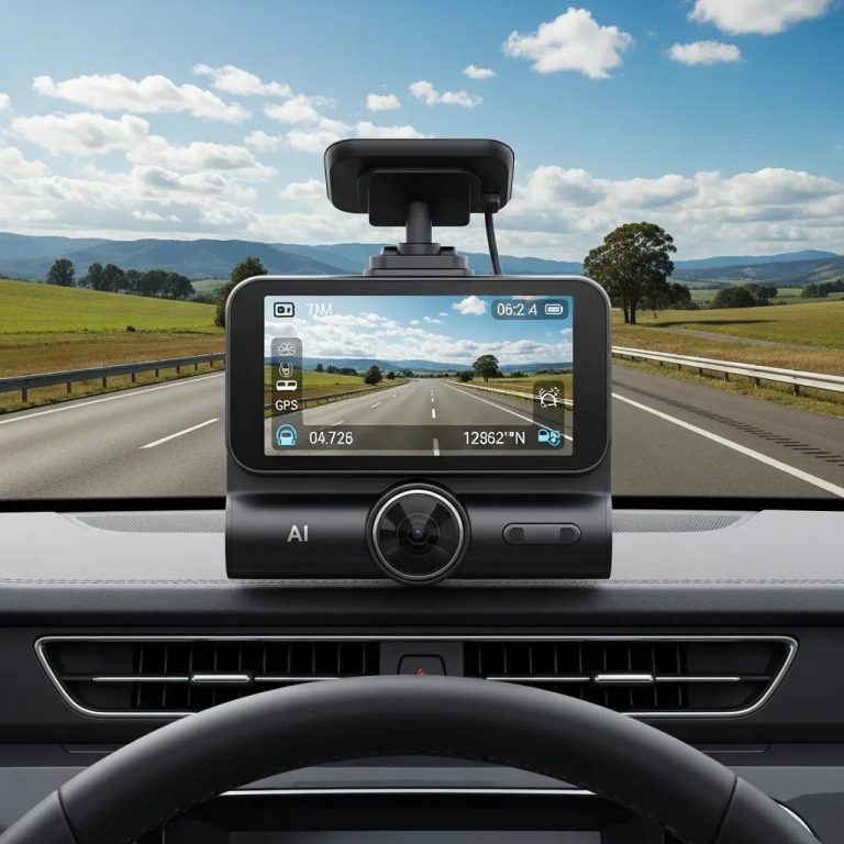 Modern AI dashcam on vehicle dashboard with scenic road view