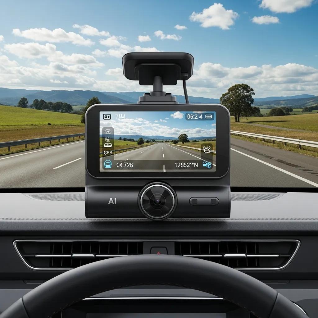 Modern AI dashcam on vehicle dashboard with scenic road view
