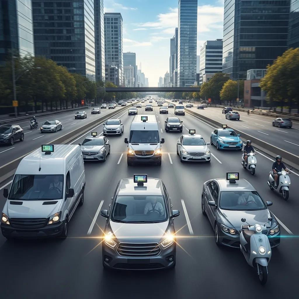 Modern fleet of vehicles with GPS tracking devices in a bustling city, symbolizing efficiency and innovation