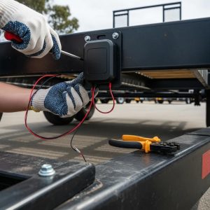 Person installing a GPS trailer tracking device on a trailer