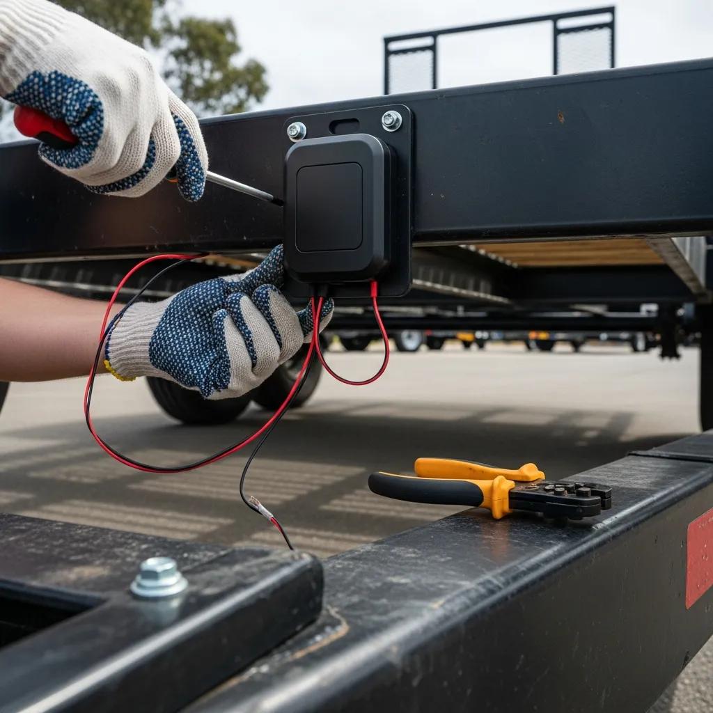 Person installing a GPS trailer tracking device on a trailer