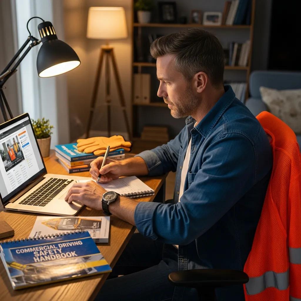Professional driver taking an online safety course at home, surrounded by safety materials