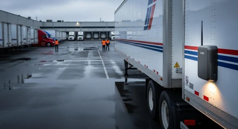 GPS trailer tracking device on a trailer in a logistics yard, highlighting fleet management technology