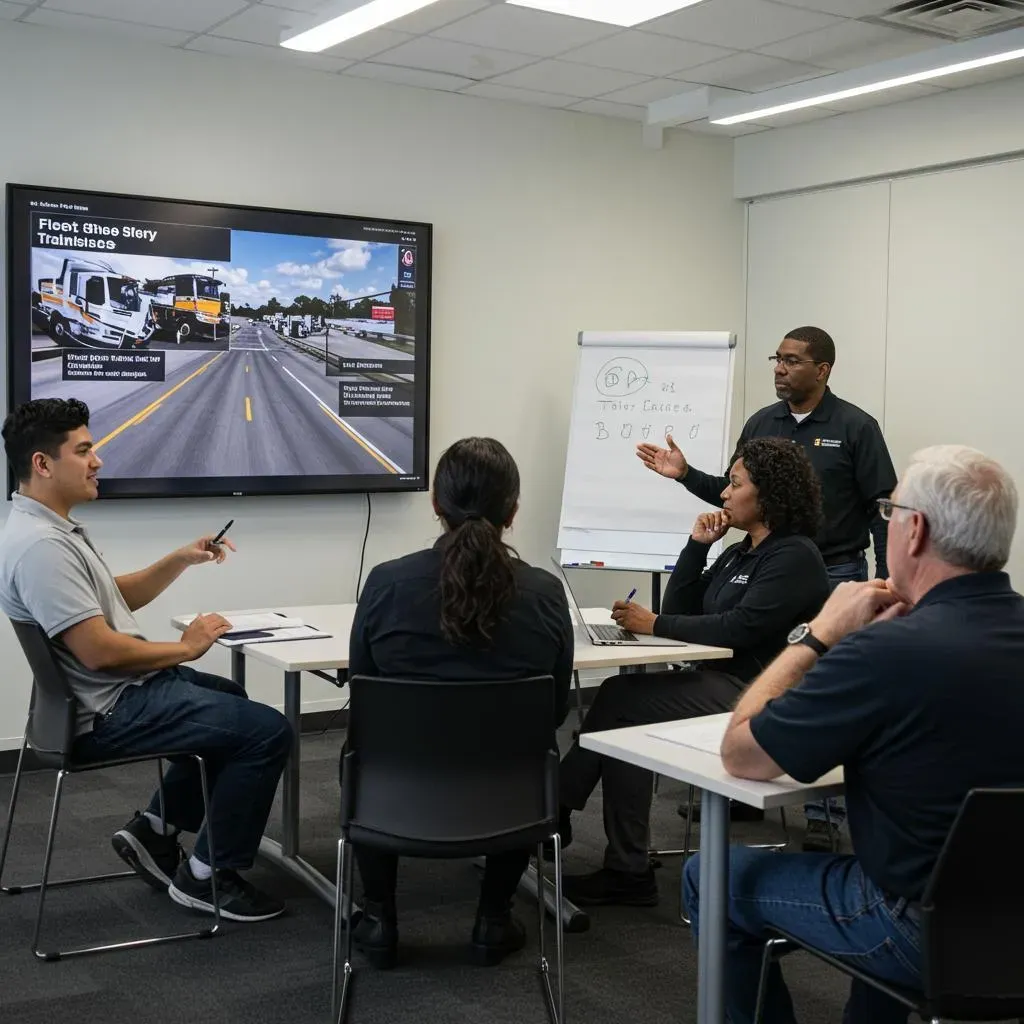 Fleet manager discussing GPS trailer tracking advantages with a team in a meeting room