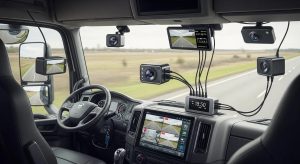 Modern fleet camera system installed in a commercial vehicle, highlighting advanced technology for fleet management