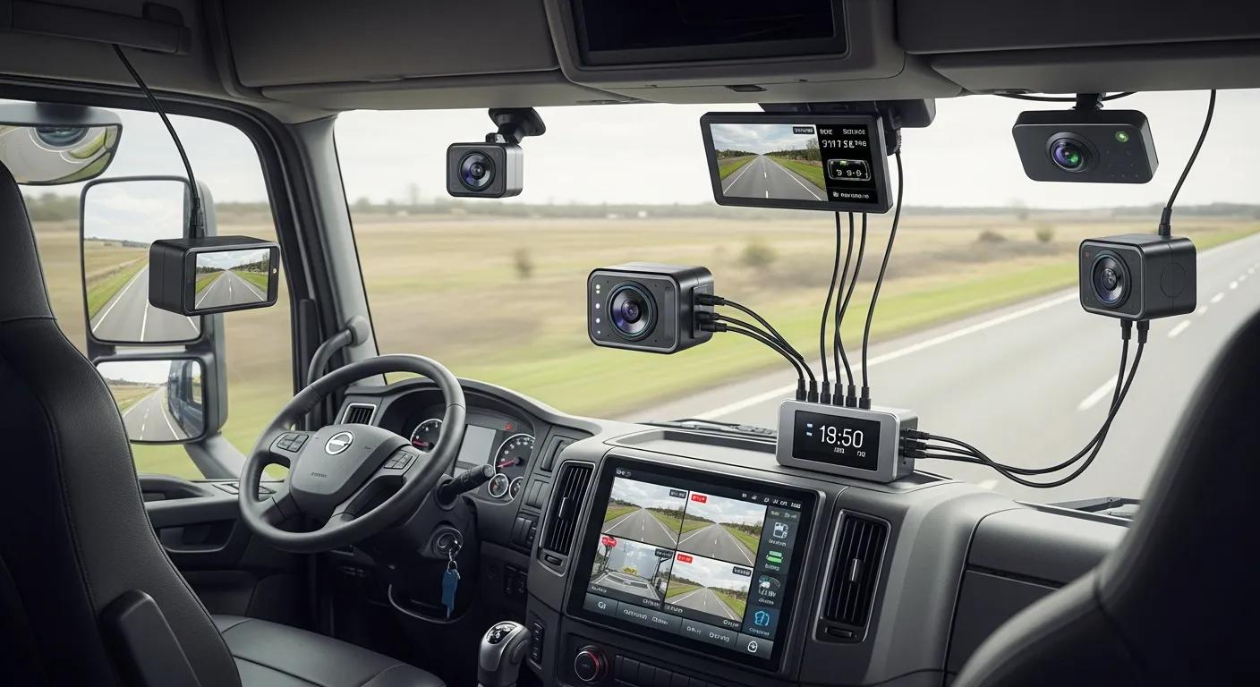 Modern fleet camera system installed in a commercial vehicle, highlighting advanced technology for fleet management