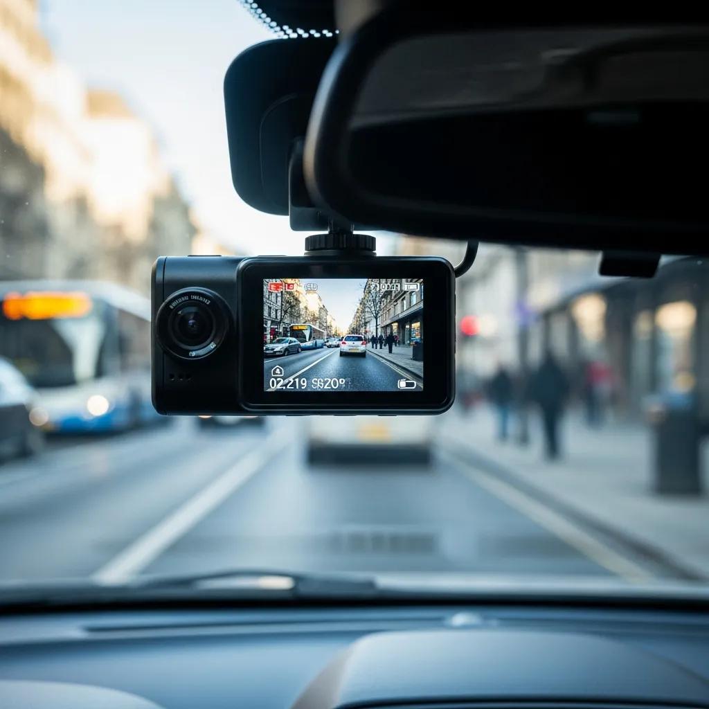 Dash cam capturing busy street scene for real-time safety monitoring