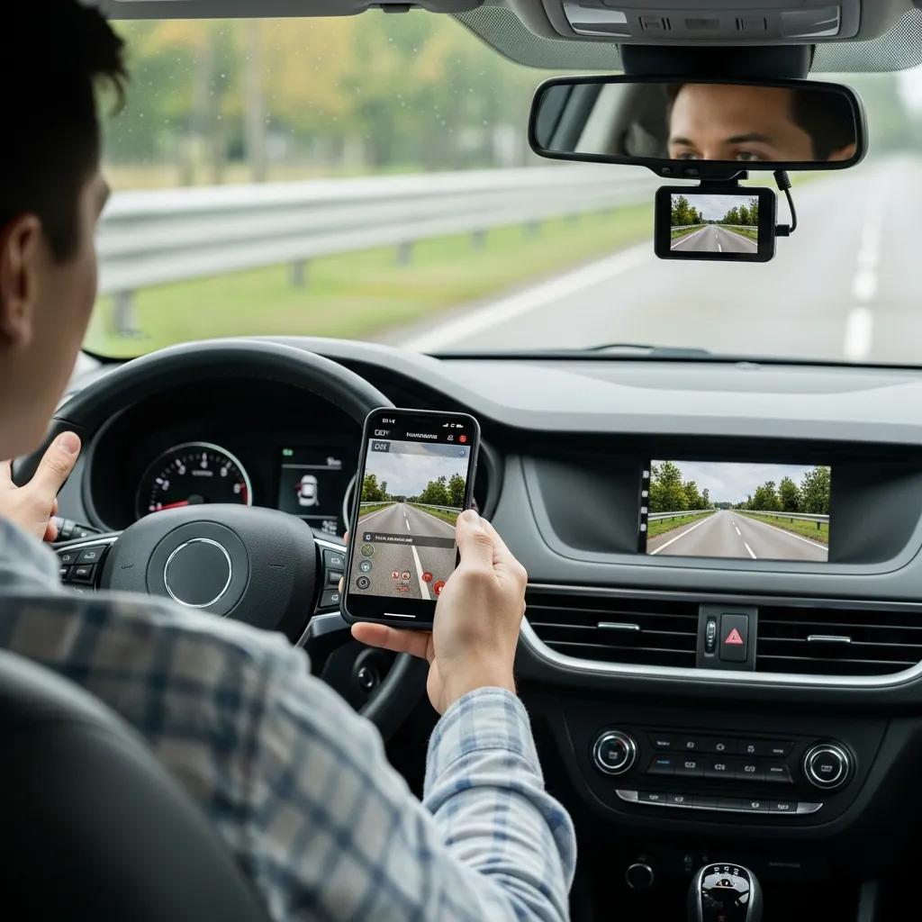 Driver monitoring live dash cam feed on smartphone while driving