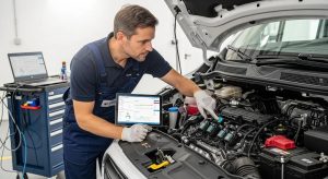 Technician inspecting a vehicle equipped with IoT sensors for fleet management