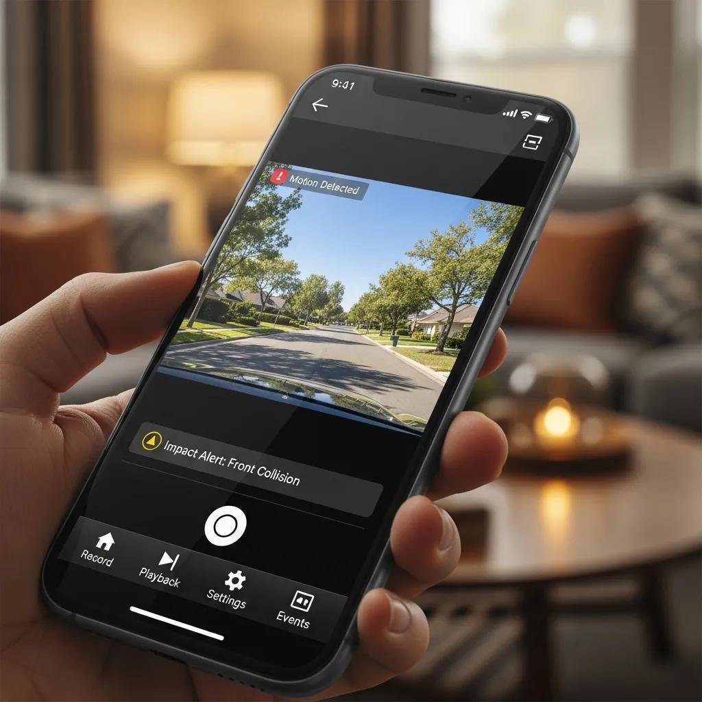 Smartphone displaying live dash cam app interface for remote access